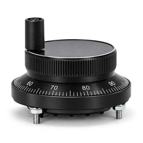 Black panel-mount CNC MPG handwheel with handle and numbered scale ring