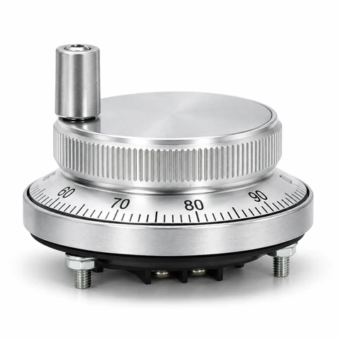 Silver panel-mount CNC MPG handwheel with handle and numbered scale ring